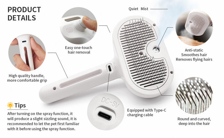 Steam Cat Brush Self-Cleaning Grooming Tool with Steam Spray Remove Floating Hair for Cats Dogs Pet Grooming Supplies Hair Care